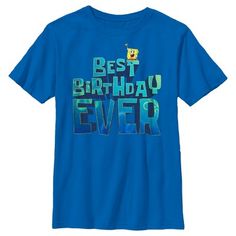 Are you ready kids? Head down to Bikini Bottom for the best Krabby Patty in the Pacific Ocean, grab a SpongeBob design and get ready for the best underwater birthday EVER with this Nickelodeon SpongeBob SquarePants Boys' Tee! This awesome birthday shirt reads "Best Birthday Ever" in blue letters along with SpongeBob sitting on the word "Best" and waving happily. Grab one of these cool graphic tees and celebrate your special day with your friends and family! Spongebob Sitting, Spongebob Birthday Shirt, Spongebob Design, Underwater Birthday, Krabby Patty, Blue Letters, Spongebob Birthday, Nickelodeon Spongebob, Kids Head