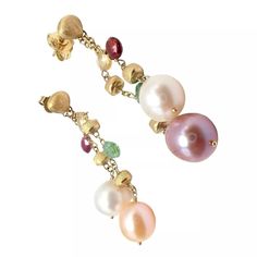 Authentic! Marco Bicego 18k Yellow Gold Paradise Multicolor Gems Pearl Earrings The Marco Bicego Paradise Earrings Are A Vibrant Celebration Of Luxury, Crafted From 18k Yellow Gold. These Exquisite Earrings Feature A Delightful Array Of Multicolor Gemstones, Complemented By Elegant Pearls. Hand-Engraved With Precision, The Gold Offers A Textured, Matte Finish, Showcasing Bicego's Renowned Craftsmanship And Unique Design Ethos. Metal: 18k Yellow Gold Measurements: 7mm X 57mm Weight: 9.2 Grams Stone: 6x Briolette Cut Color Stones 4x Different Hue Pearls Approx 9mm X 9.5mm Hallmarks: Marco Bicego 750 1021vi Ti1067red Marco Bicego Jewelry, Marco Bicego, Color Stones, Fine Jewellery Earrings, Hand Engraving, Cut And Color, Red Gold, Stone Color, Unique Design