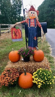 a scarecrow sitting on top of a hay bale with pumpkins and flowers