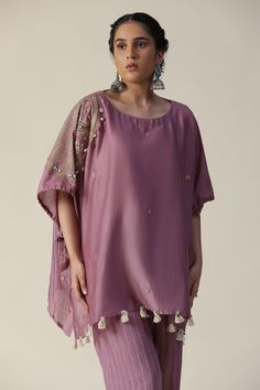 Purple kaftan featuring side foil printed mandala motifs, embellished by beads, shells and tassels. Comes with striped pant. - Aza Fashions Festival Gota Work Saree Kaftan, Traditional Gota Work Kaftan, Festive Gota Work Traditional Kaftan, Bohemian Cotton Silk Sets With Zari Work, Festival Chanderi Kaftan With Mirror Work, Chanderi Kaftan With Mirror Work For Festivals, Silk Kaftan With Gota Work In Traditional Drape, Festival Straight Kurta Kaftan With Gota Work, Festival Chanderi Kaftan With Gota Work