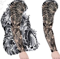 the legs and arms of a person with tattoos on their body are covered in black and white designs