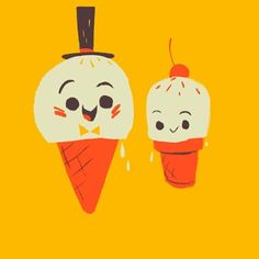 two ice cream cones with faces drawn on them