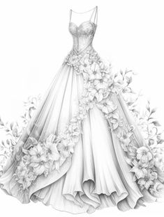 Flowery Wedding Dress, Princess Dress Drawing, Wedding Dress Drawings, Gown Drawing, Wedding Dress Sketches, Adult Colouring Printables, Barbie Coloring Pages, Fashion Design Sketch, Adult Coloring Designs