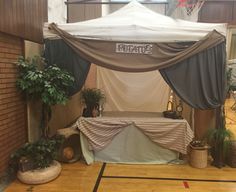 an indoor basketball court with a white tent and plants on the floor next to it