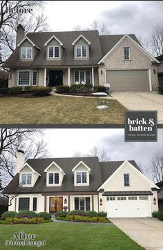 before and after photos of a house with gray roofing, white trim and brown shutters