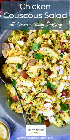 Chicken Couscous Salad in light blue bowl with serving spoon. Chicken Couscous Salad Recipes, Couscous Chicken Salad Recipes, Couscous Salad Chicken, Couscous Salad With Chicken, Pearl Couscous Recipes Chicken, Chicken And Couscous Recipes, Lemon Honey Dressing, Chicken Couscous Salad, Pearl Couscous Recipes