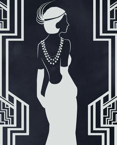 the silhouette of a woman in a white dress with pearls on her neck and necklace