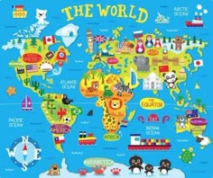 the world map with animals and other things on it