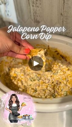 someone is scooping food out of a crock pot with a spoon and the words jalapeno popper corn dip above it