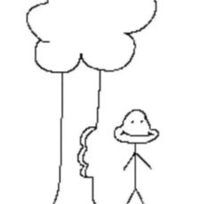 a drawing of a person standing next to a tree