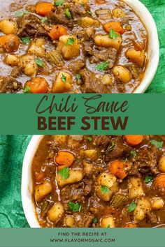 two bowls filled with chili sauce beef stew and carrots on top of a green cloth