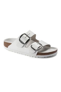 Perfect for anytime of the year, these Birkenstock Arizona Big Buckle Sandals for Women in White, will walk you right into any season. We have mega heart eyes for the large, elegant buckle creating a bold yet minimalist design! These shoes pair perfectly with any outfit, so make sure you get them before their gone! Features: Birkenstock Style: 1021583 Color: White Women's sandals Upper: natural leather Insole: Piumato leather Footbed: EVA EVA outsole Anatomically shaped cork-latex footbed Two st Birkenstock Arizona Big Buckle, Arizona Big Buckle, Birkenstock White, Birkenstock Style, Women In White, Casual Shoe, Buckle Sandals, Birkenstock Arizona, Metal Pins