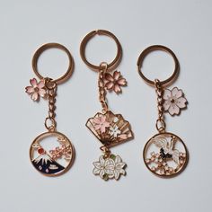 three key chains with different designs on them