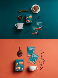 coffee, tea and other items are arranged on two separate colored boards with the same color scheme