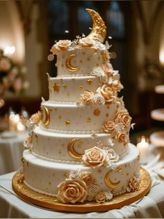 a three tiered wedding cake decorated with roses and gold stars on a white table cloth