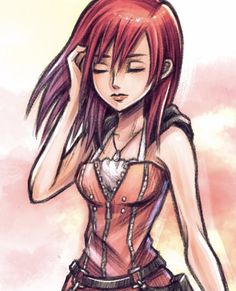 a drawing of a woman with long red hair wearing a corset and skirt