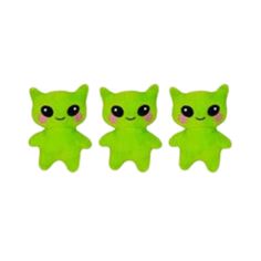 three small green cats with big eyes