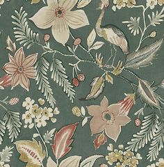 Crestwood Sea Green Crowned Crane Wallpaper by Scott Living Woven Installation, Raspberry Mustard, Crane Wallpaper, Green Floral Wallpaper, Modern Chinoiserie, Playful Palette, Crowned Crane, Scott Living, Chinoiserie Design