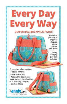 Free Domestic Shipping on order totals (after applied discounts & before taxes) of $50 or More using Promo Code: FREESHIP at checkout. PATTERN ONLY - NOT A FINISHED ITEM "Every Day Every Way"   PBA258 From: byAnnie * Paper Printed Pattern * Project: Diaper Bag-Backpack-Purse * Finished Size:           Small: 12"H x 15"W x 7"D        Large: 20.5"H x 13.5"W x 7"D  * Technique: Standard Machine Sewing * Cutting Templates Included: No * See listing photos for fabric and supply requirements This vers Stroller Bag, Stroller Straps, Nappy Bag, Convertible Bags, Diaper Bag Backpack, Purse Patterns, Backpack Straps, Sewing For Beginners, Sewing Bag