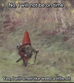 an image of a man with a red hat walking in the grass and saying, no i will not be on time