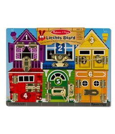 a wooden puzzle with different colored houses and numbers on the front, including one for each house