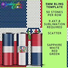 three cans of red white and blue soda on a green background with the text 5mm bling template perrow