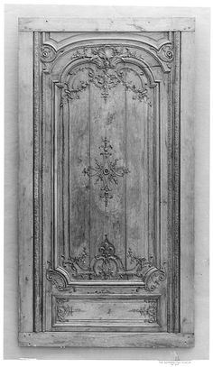 a drawing of a wooden door with carvings on it