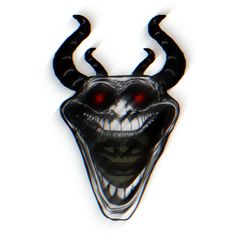 an evil looking mask with red eyes and horns on it's face, against a white background