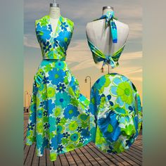 Two Piece Vintage Bedsheet Wrap Top & Skirt Set Waist: 32” Skirt Length: 35” #Retrostyle #Vintagestyle #Vintagebedsheet #Pinupstyle Fitted Retro Skirt For Vacation, Retro Fitted Skirt For Vacation, Retro Fitted Skirt For The Beach, Retro Summer Dress With Lined Skirt, Green Beach Dress With Lined Skirt, Green Lined Beach Dress, Blue Retro Skirt With Floral Print, Retro Blue Floral Print Skirt, Corset Midi Dress