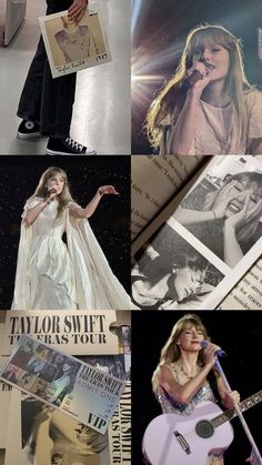 collage of photos with taylor swift on the cover of her album, and an image of taylor's guitar