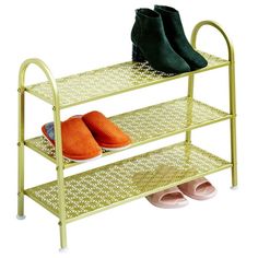 three tiered shoe rack with two pairs of shoes on top and one pair of slippers below