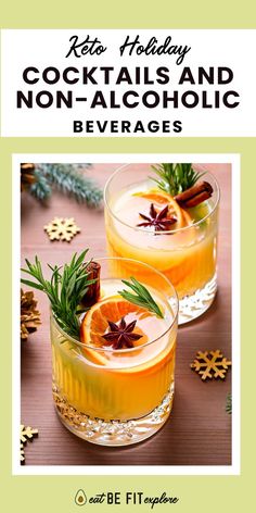 two glasses filled with alcohol and garnished with cinnamons, an orange slice and rosemary