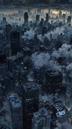 an aerial view of the city at night with clouds in the foreground and lights on