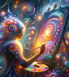 a woman is painting on an easel in front of a colorful swirly background