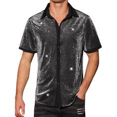 This stylish short-sleeved button-down shirt features a sheer mesh design with a shiny pattern that exudes charm and fashion. The see-through quality adds a touch of charm, making it a perfect choice for various occasions such as weddings, clubbing, or late-night outings. Pair this unique shirt with sleek leather pants to elevate your look. Unlike ordinary shirts, the contrasting color design of this shiny shirt adds a fashionable twist to your ensemble. Get this trend of metallic shirts as they Mens Disco Costume, Holographic Shirt, Mesh Shirts, 70s T Shirts, Disco Costume, Glitter Shirt, Sequin Shirt, Mesh Shirt, Stylish Party