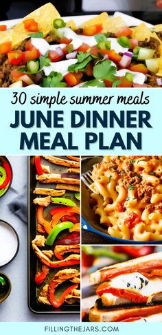 Text 30 simple summer meals June dinner meal plan on light turquoise banner over multiple finished dinner images. Monthly Menu Ideas, Monthly Dinner Menu Ideas, Simple Summer Dinners, Dinner Meal Plan, Monthly Meal Plan, Monthly Menu, Summer Meal Planning