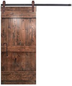 an open wooden door with metal handles