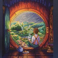 a cross stitch pattern of a boy looking at the scenery through an open window with a teapot