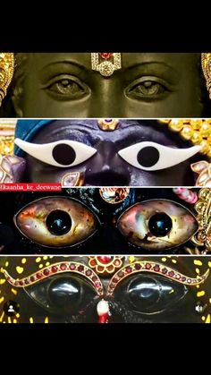 three different pictures with eyes and gold jewelry on them, one has an eyeball in the