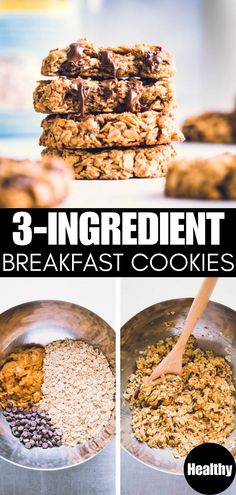 3 ingredient breakfast cookies with chocolate chips and oatmeal in the middle are shown