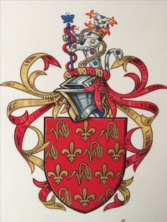 a drawing of a coat of arms on a white background with red and gold accents