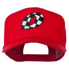 Checkered Flag Alphabet Embroidered Red High Profile Cap Red Cotton Trucker Hat With Curved Bill, Red Trucker Hat With Embroidered Logo, Red Trucker Hat With Embroidered Logo Visor, Retro Red Baseball Cap With Curved Bill, Red Cotton Baseball Cap For Sports, Red Cotton Trucker Hat With Flat Bill, Red Adjustable Snapback Hat With Curved Bill, Red Cotton Snapback Hat, One Size, Red Flat Bill Baseball Cap