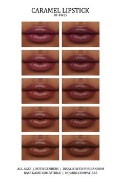 the lip chart for caramel lipstick is shown in different positions and colors, including dark brown