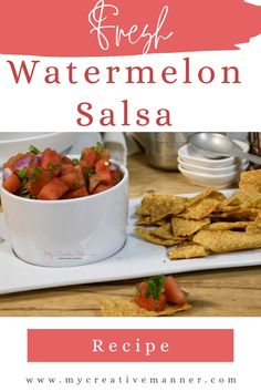 a white plate topped with chips and watermelon salsa