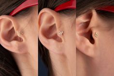 two images of a woman's ear with three different piercings