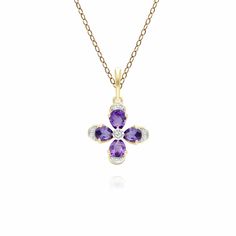 A Gorgeous Floral Amethyst & Diamond Pendant Necklace in 9ct Yellow Gold.    Amethyst is thought to be a stone of friendship and love. It has even been said that St Valentine wore a gold amethyst ring. As birthstones, Amethysts represent February birthdays. Diamonds are celebrated for their unrivalled strength and striking beauty which is why they are often shared in the most romantic gestures. As birthstones, diamonds represent April birthdays and are traditionally given as 10th anniversary gifts.   Discover Gemondo's classic jewellery with a range of timeless designs set with natural gemstones. Find elegant gemstone rings and occasion jewellery pieces that never go out of style. A quick buff with a jewellery cleaning cloth will remove metal tarnishes and keep gemstones looking glossy. Av Spiritual Yellow Gold Amethyst Necklace, Purple Gemstone Flower Pendant Necklace, Amethyst Jewelry Necklace, Classic Jewellery, Striking Beauty, 10th Anniversary Gifts, Gold Amethyst Ring, St Valentine, June Birthstone Jewelry