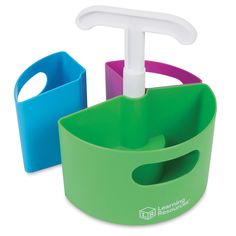 two plastic containers with toothbrushes and soap dispenser in them on a white background