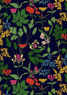 colorful flowers and leaves on a dark blue background