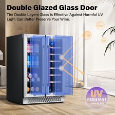 the double glass door refrigerator is next to a couch