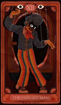 the hanged man tarot card with an image of a person in striped pants and a hat